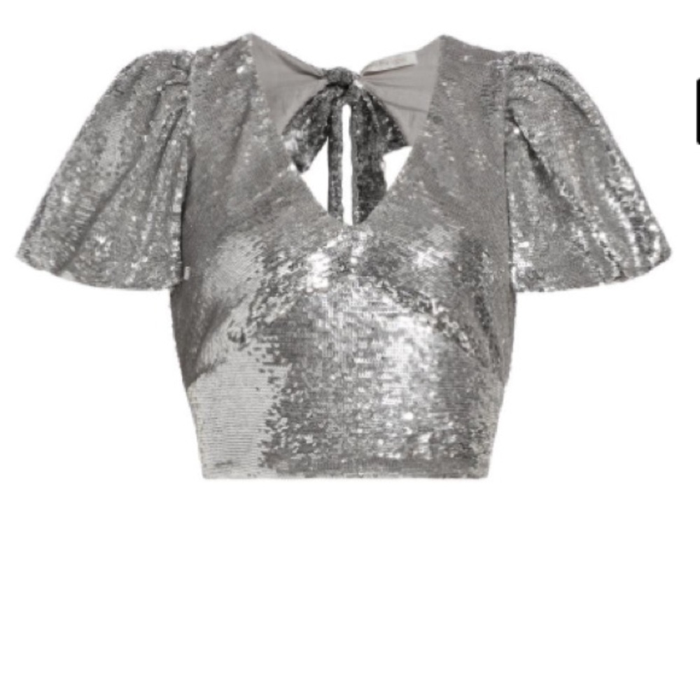 NWOT Love the Label Brigitte Sequin Open-Back Top in Silver size Small